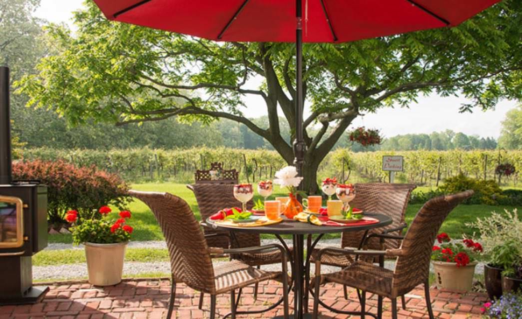 Brown wicker patio chairs, black wrought iron patio table, and red umbrella on red-brick patio with large tree and vineyard in the background