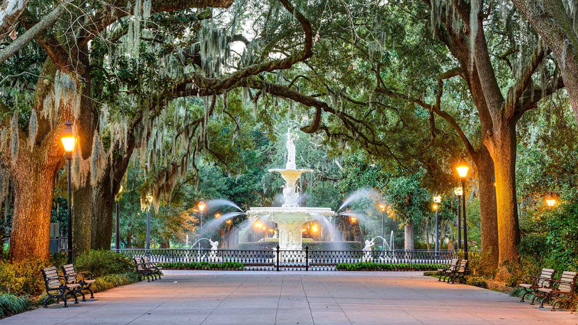 Large water fountain in a park with large mossy trees covering a large walkway with a few wooden benches