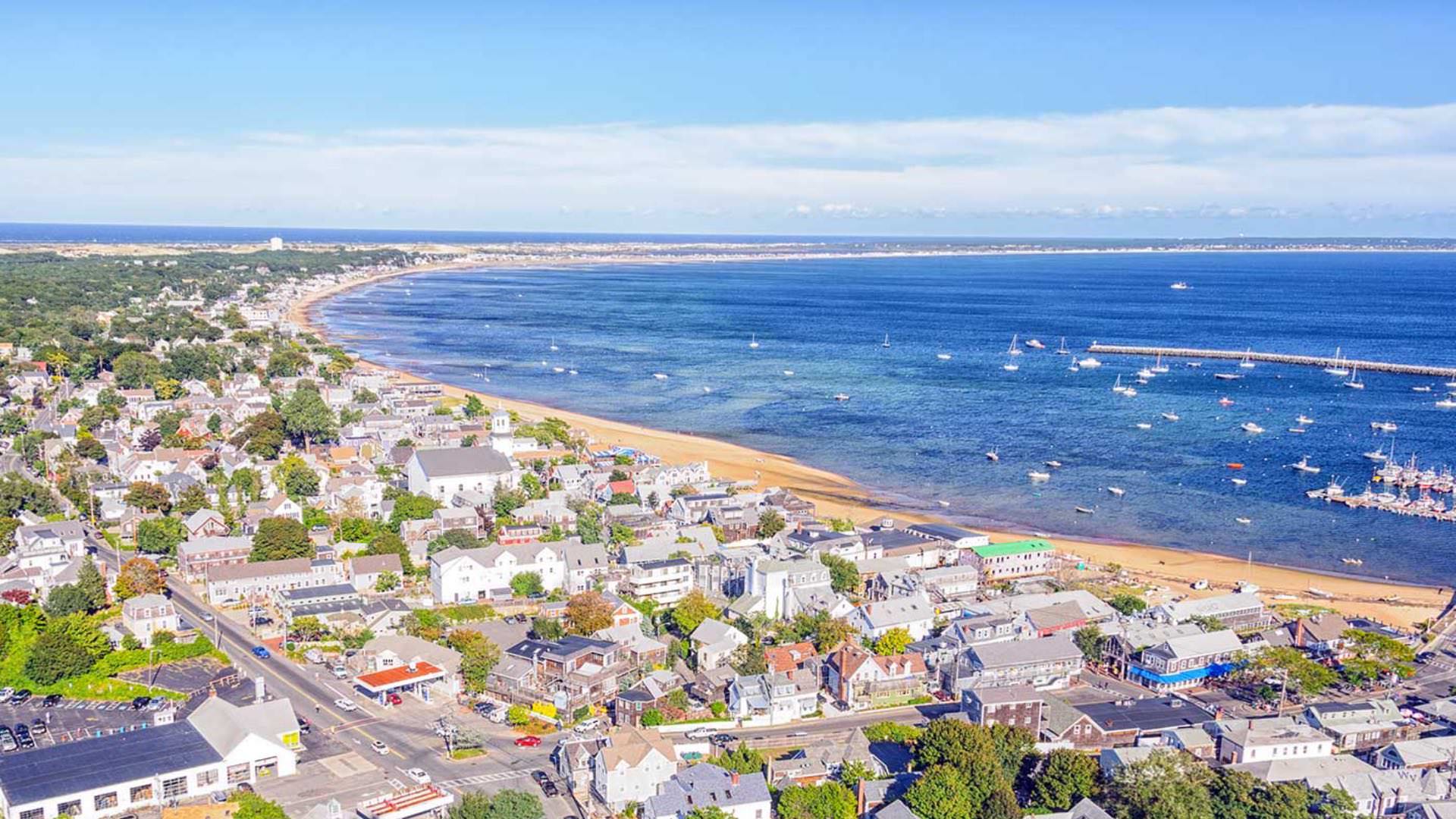 Aerial view of a coastal town near the water