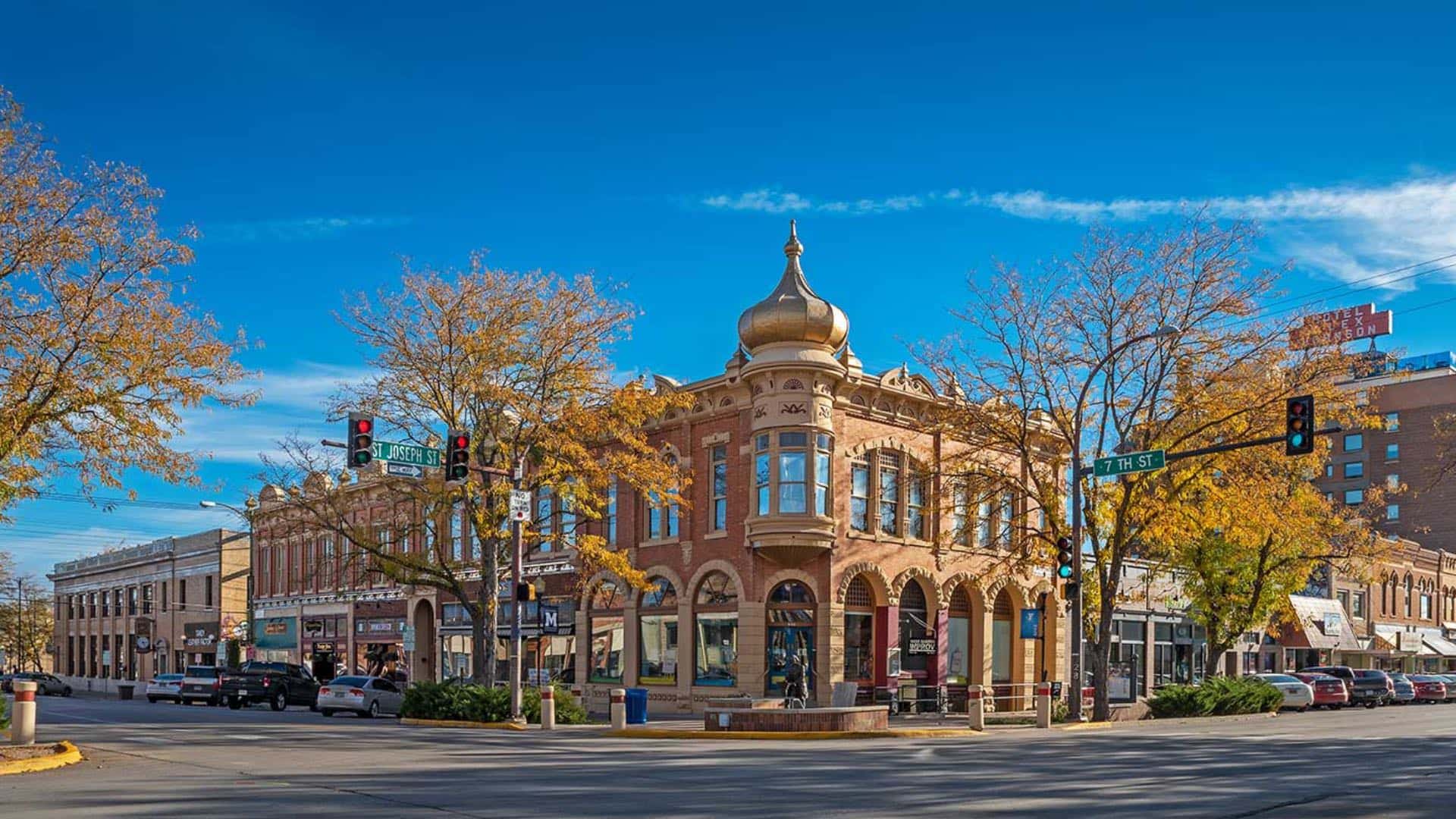 Bricked building on a downtown city corner