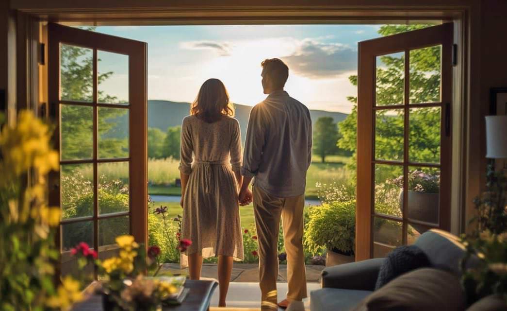 Man and woman standing near open patio doors looking out to a green lawn, flowers, trees, hills, and the setting sun