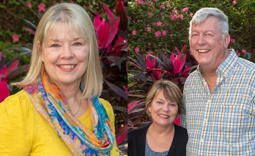 On the left, woman with yellow shirt and multicolored scarf; on the right, woman with black sweater and man with blue and yellow plaid shirt